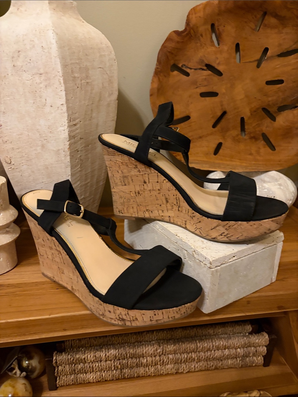 Michael Shannon Black Cork Platform Wedge Sandals